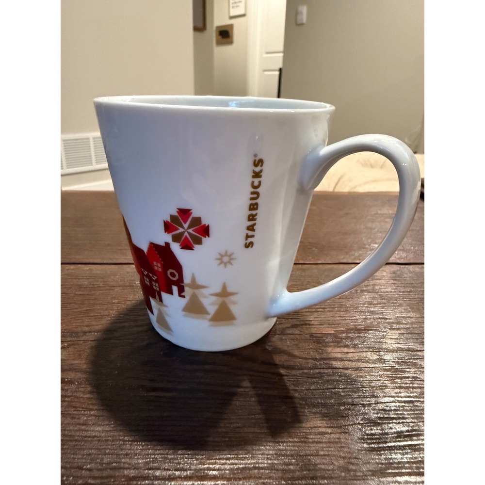 Starbucks 2013 Holiday Winter Village Red Gold White Ceramic Coffee Mug 11oz‎
